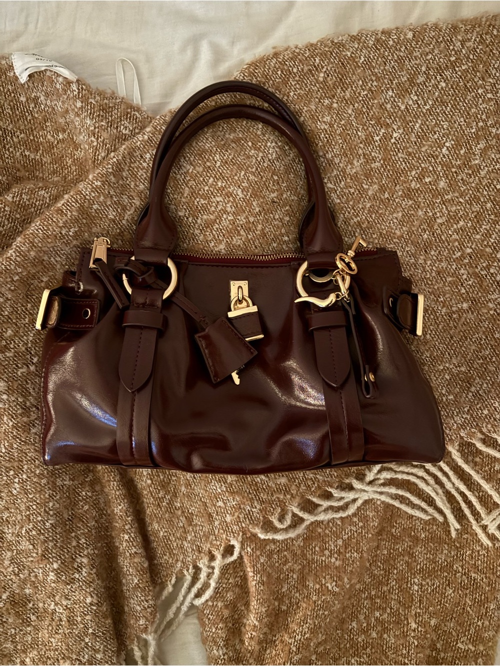 Aldo Glossy Dark Brown Satchel with Gold Hardware